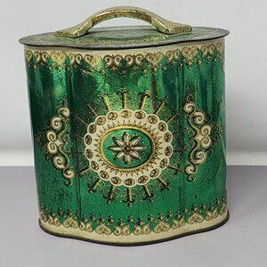 Vintage Green Gold Decorative Murray-Allen Tin Container Handle Elegant Pattern